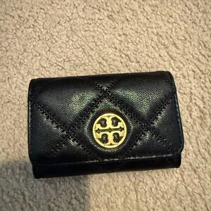 Tory Burch Black Quilted Leather Key Pouch with Gold Emblem